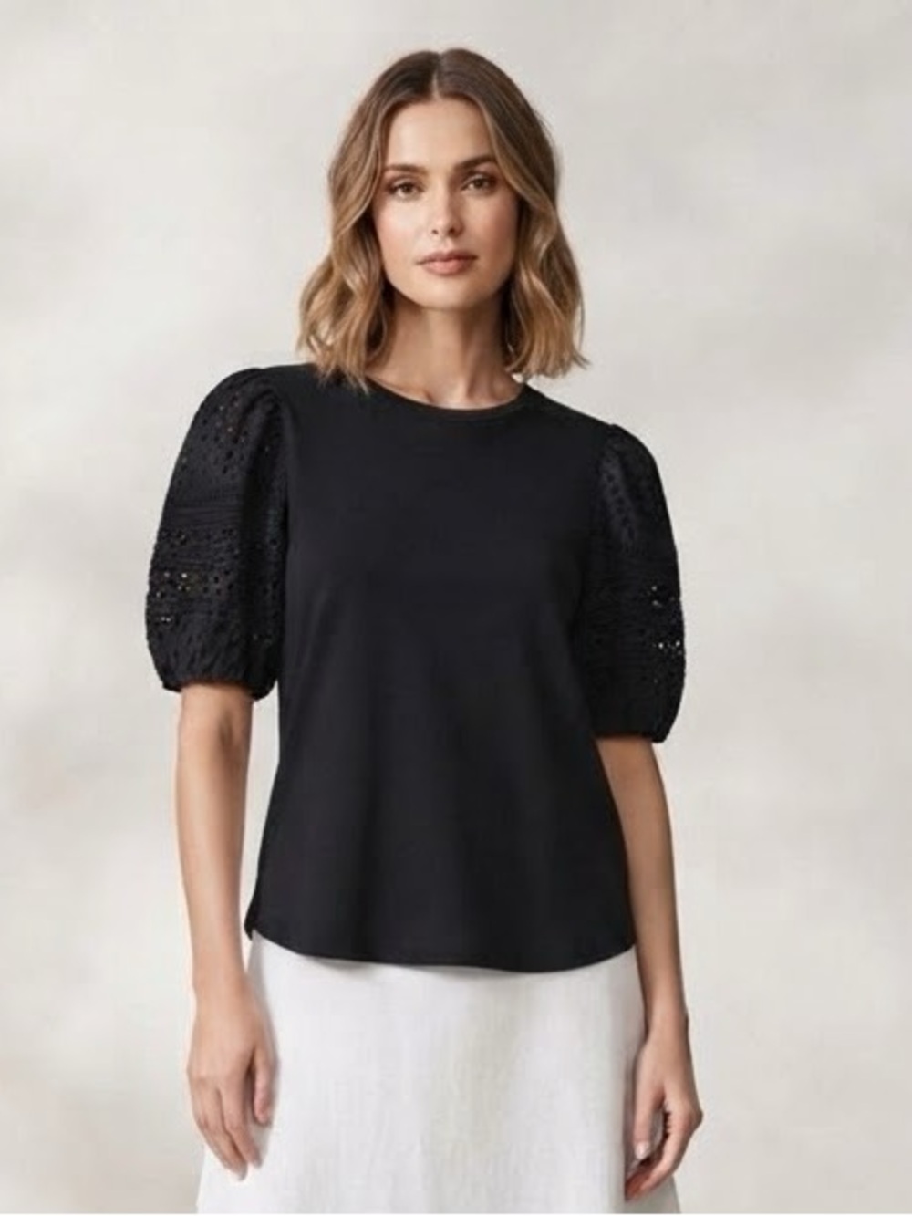 Ellen Tracy Black Eyelet Puff Sleeve Blouse